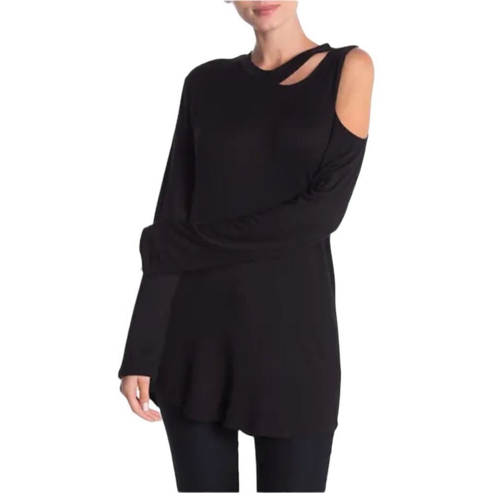 Womens Go Couture Asymmetrical Slash Black Long Sleeve Cold Shoulder Top - Sz M
